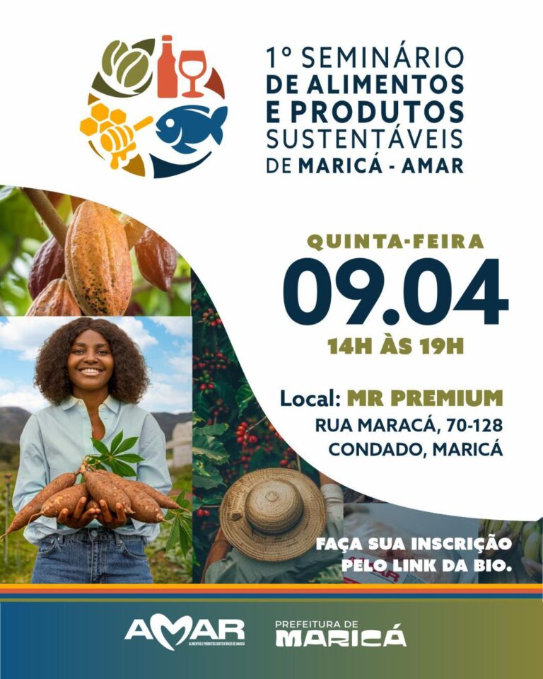 Agricultores e representantes da prefeitura em Maricá durante evento sobre alimentos e produtos sustentáveis.