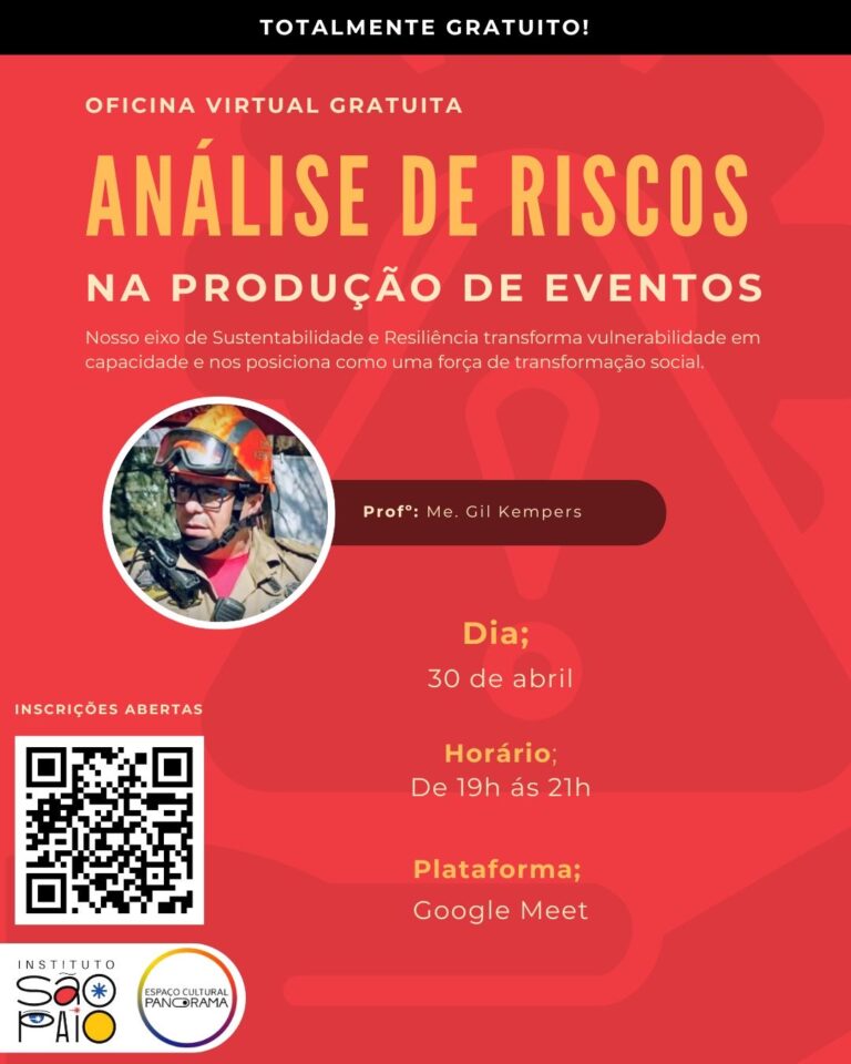 Ilustração de pessoa planejando evento com ícones de segurança e risco, representando oficina em São Gonçalo.