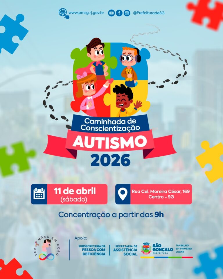 Pessoas participam de caminhada de conscientização do autismo em São Gonçalo, com faixas e balões, celebrando a inclusão.