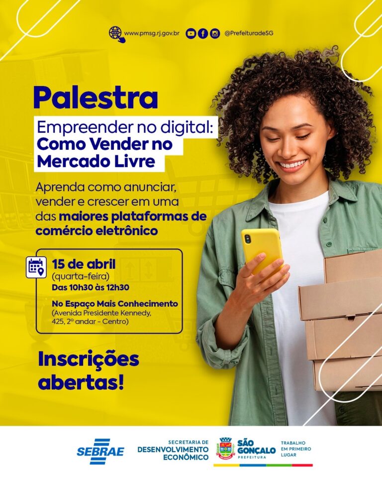 Pessoas em palestra sobre empreendedorismo digital em São Gonçalo, com foco em vendas online e Mercado Livre.