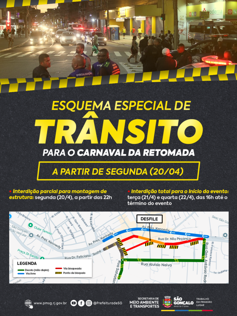 Mapa de trânsito de São Gonçalo com rotas alternativas e áreas interditadas para o Carnaval da Retomada 2026 no Centro.