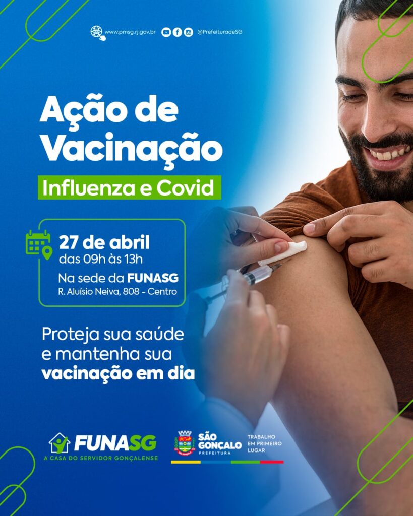 Servidores públicos recebendo vacina contra gripe ou Covid-19 em ação de saúde da Funasg em São Gonçalo