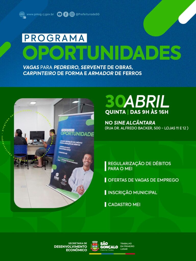 Pessoas em fila ou em atendimento no Sine em São Gonçalo buscando vagas de emprego e serviços do Programa Oportunidades.