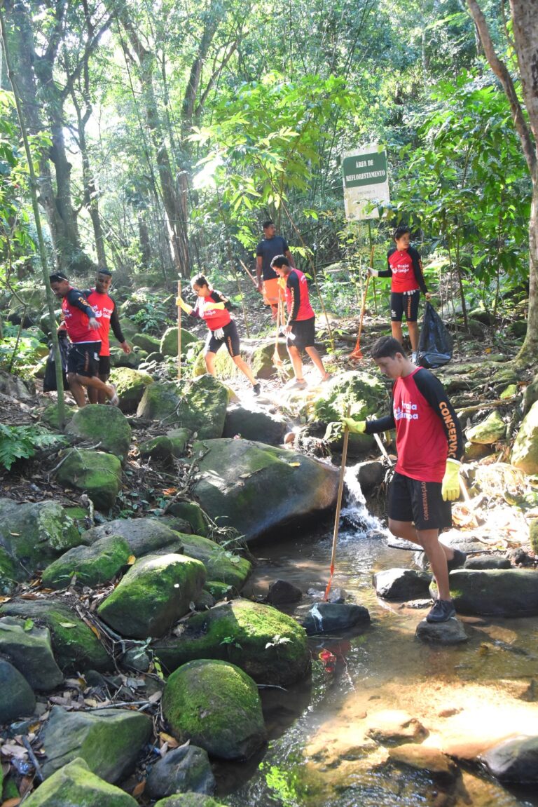 Pessoas plantando mudas em área verde, simbolizando a recuperação da Mata Atlântica em Maricá.
