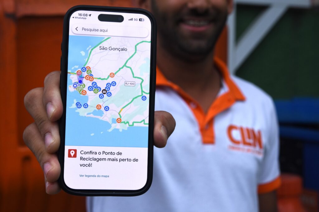 Mapa interativo da Clin de Niterói mostrando pontos de coleta seletiva e reciclagem na cidade.