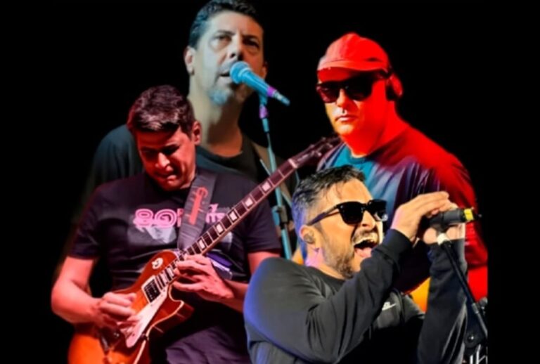 Pessoas desfrutando de churrasco e shows de rock ao ar livre em um festival familiar na Praça do Descobrimento.