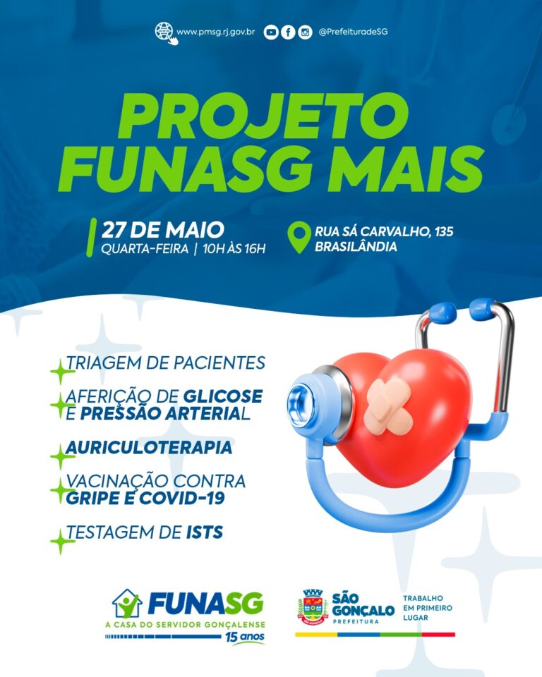 Profissional de saúde realizando medição de pressão arterial em servidor público durante ação de saúde em São Gonçalo.
