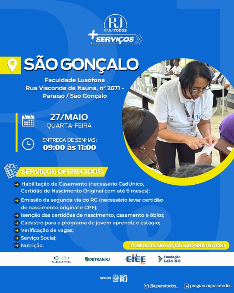 Moradores recebem atendimentos em ação social "RJ para Todos" em São Gonçalo. Serviços de saúde e documentação.