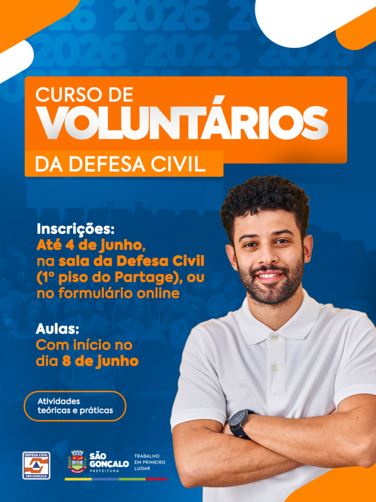 Inscrições abertas para o Curso de Voluntários da Defesa Civil de São Gonçalo, com aulas em junho de 2026.