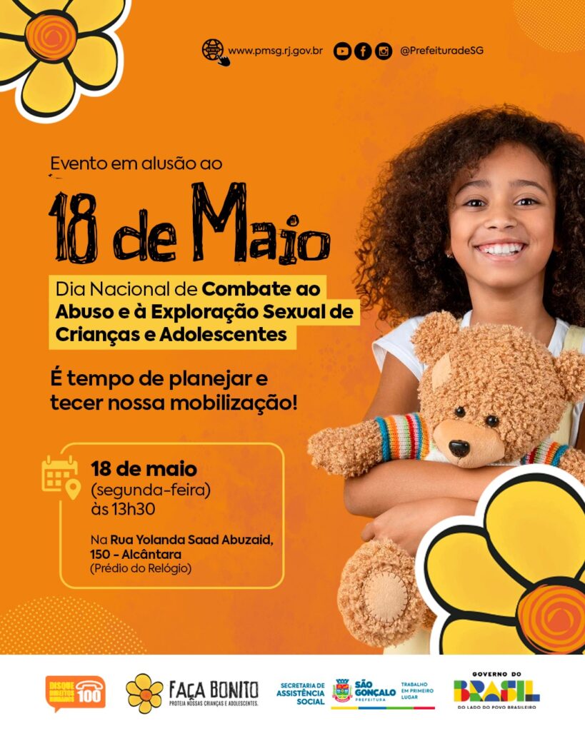 Pessoas participam de evento de conscientização sobre o combate ao abuso e exploração sexual de crianças e adolescentes em São Gonçalo.