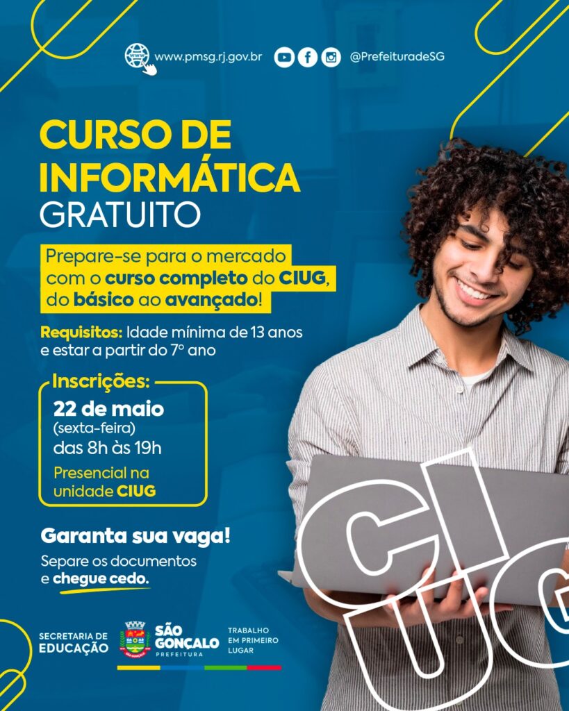 Alunos em sala de aula de informática do CIUG em São Gonçalo, utilizando computadores em curso gratuito.