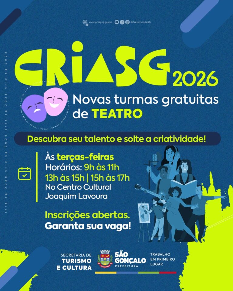 Jovens participam de aula de teatro do programa CRIA SG em São Gonçalo, promovendo acesso à cultura.