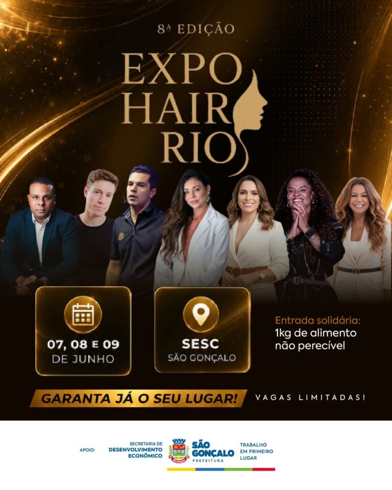 Pessoas em evento de beleza, com estandes e produtos, representando a Expo Hair RJ 2026 em São Gonçalo.