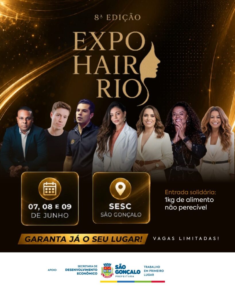 Pessoas em evento de beleza, com estandes e produtos, representando a Expo Hair RJ 2026 em São Gonçalo.