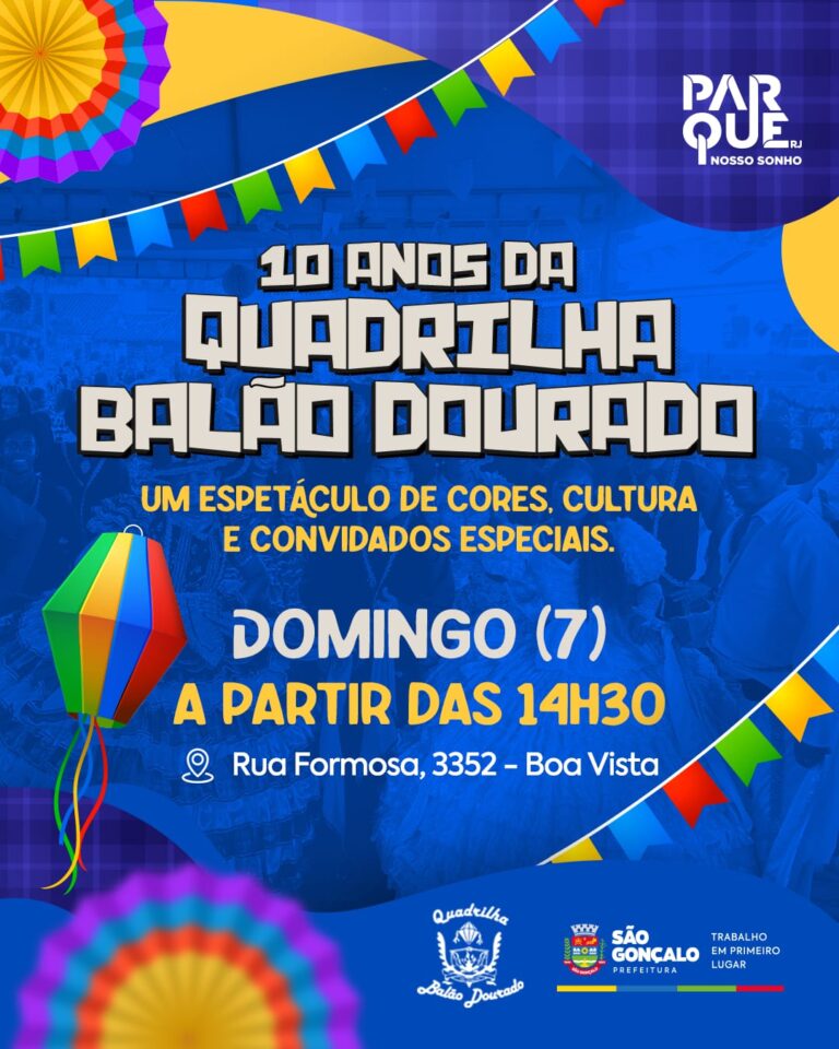 Quadrilha Balão Dourado se apresenta em São Gonçalo, celebrando 10 anos de cultura popular e tradição junina.