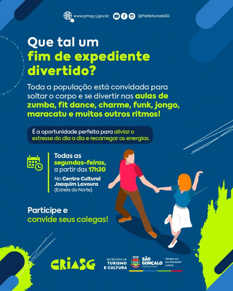 Pessoas dançando em aula de ritmos em São Gonçalo, promovendo atividade física e integração social.