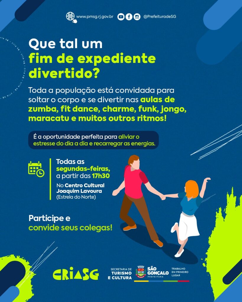 Pessoas dançando em aula de ritmos em São Gonçalo, promovendo atividade física e integração social.