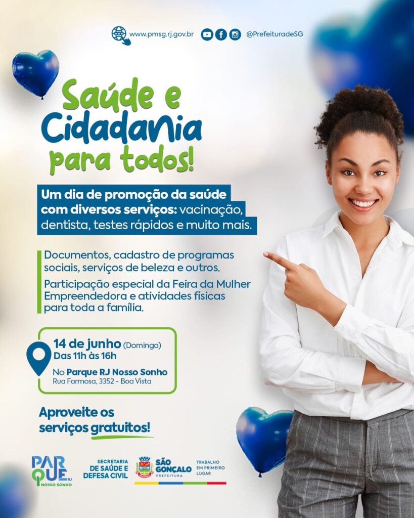 População participa de evento de saúde e cidadania, com tendas de atendimento e atividades culturais em São Gonçalo.