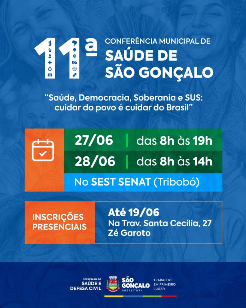 Pessoas participando de conferência de saúde em São Gonçalo, com foco em debates e discussões sobre o SUS.