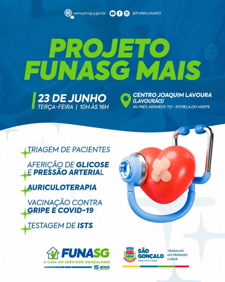 Servidores de São Gonçalo recebem atendimento de saúde no Projeto Funasg Mais, com exames e vacinas.