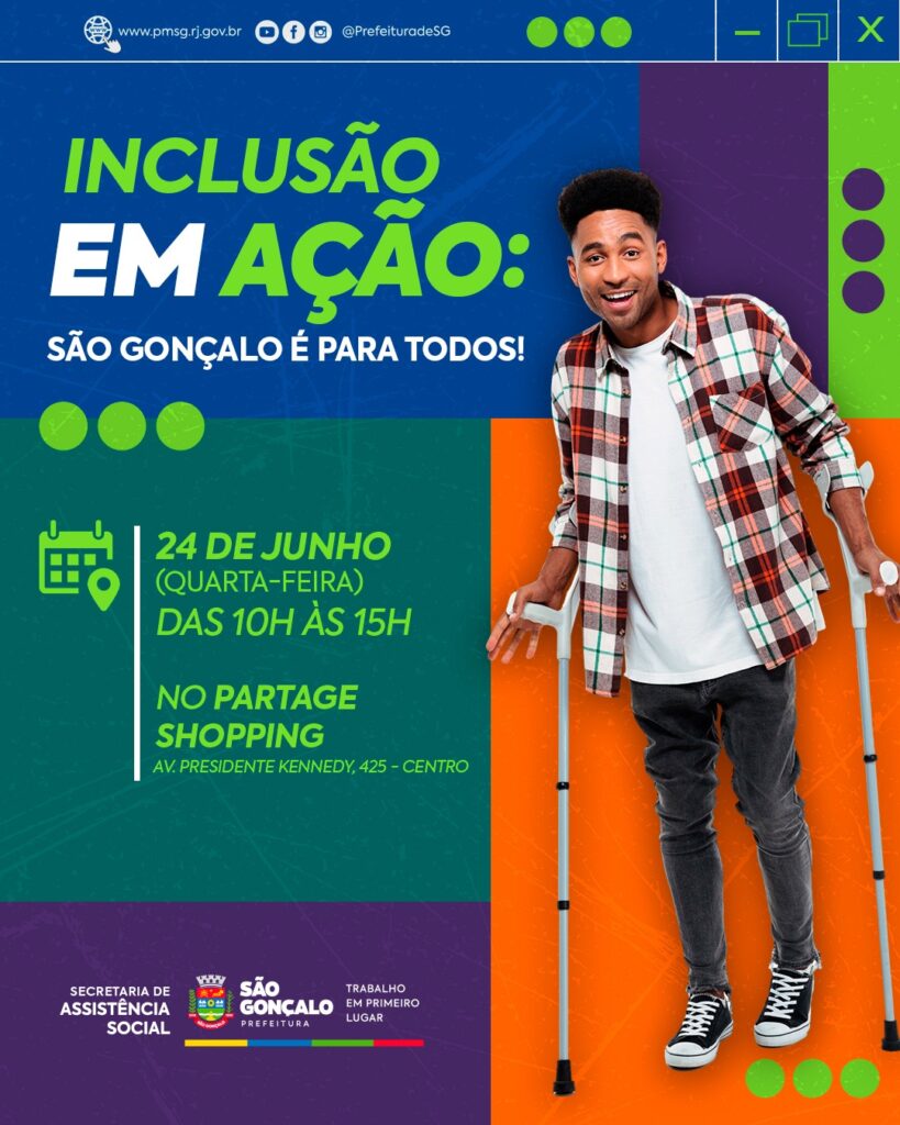 Pessoas com deficiência acessando serviços sociais e de saúde em evento da prefeitura de São Gonçalo no shopping.