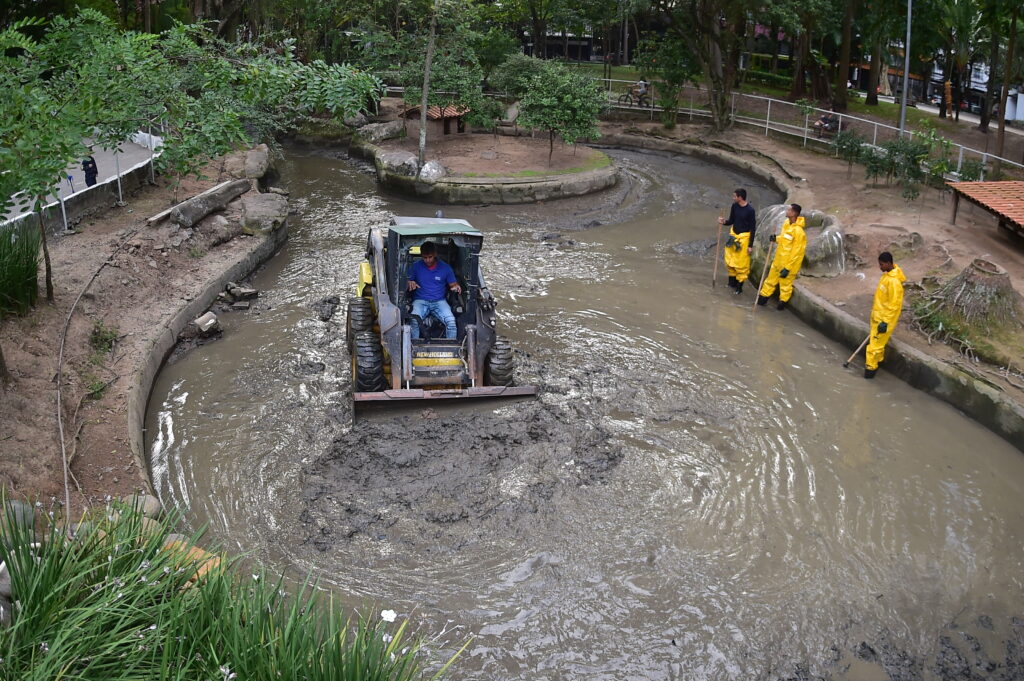 Equipe da Prefeitura de Niterói realizando a limpeza de um dos lagos do Campo de São Bento, em Icaraí.
