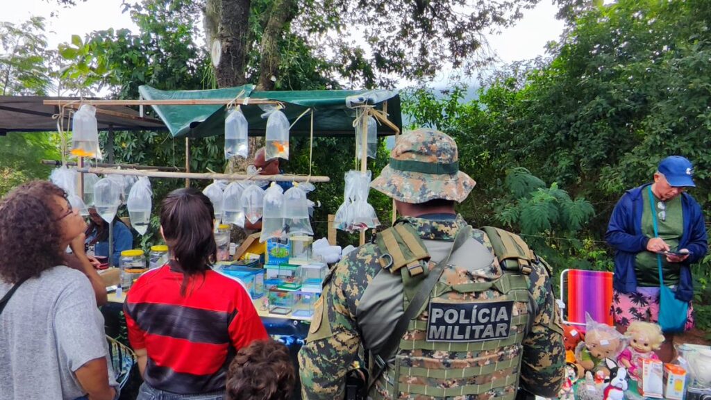 Policiais militares fiscalizam apreensão de peixes e crustáceos em feira de Itaipuaçu, Maricá, por comércio ilegal.