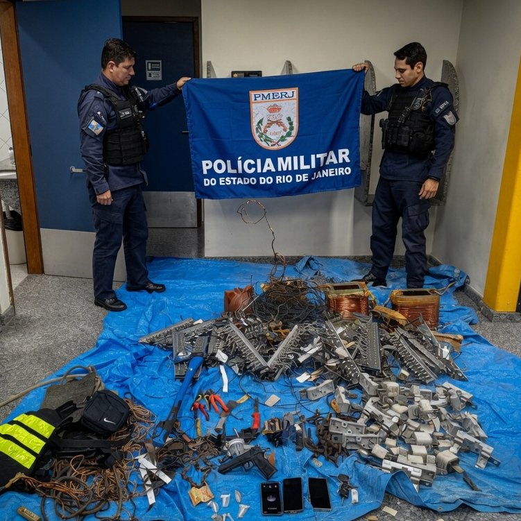 Policiais militares em patrulha, representando a ação da PMERJ que resultou na prisão de quatro suspeitos em Niterói.