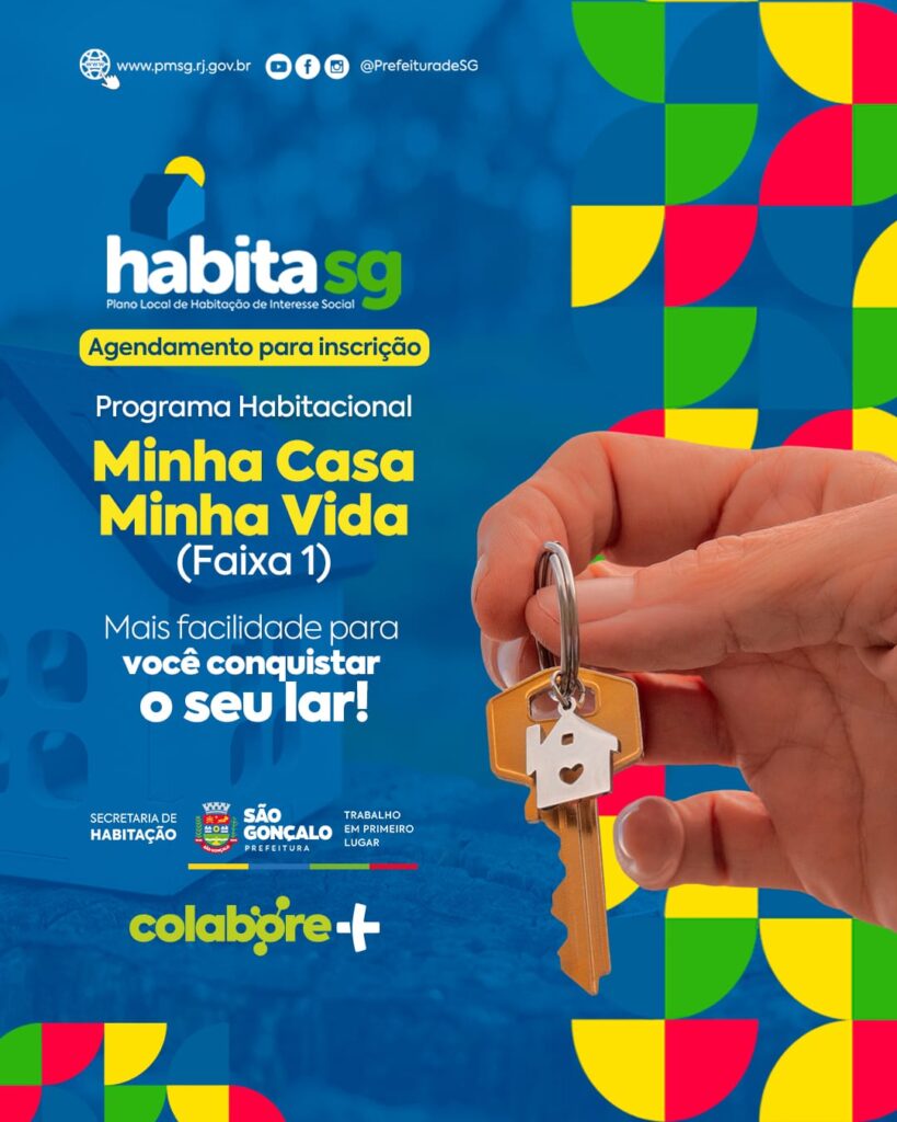 Família sorrindo em frente a uma casa nova, simbolizando o programa Minha Casa Minha Vida em São Gonçalo.