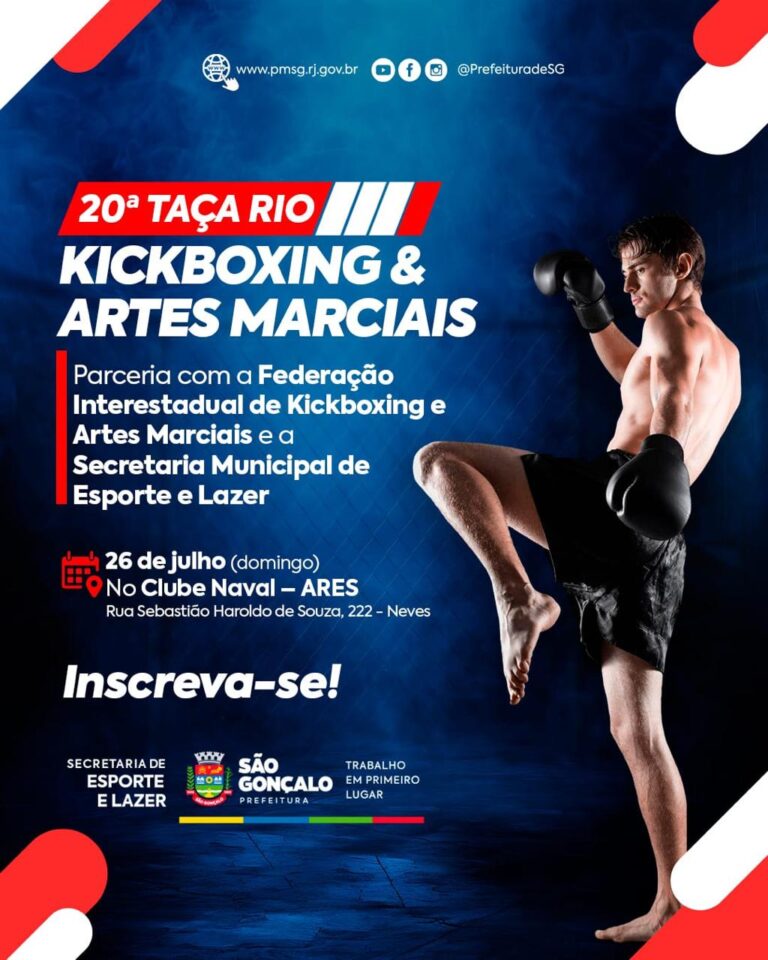Atletas em competição de kickboxing, representando a 20ª Taça Rio em São Gonçalo.