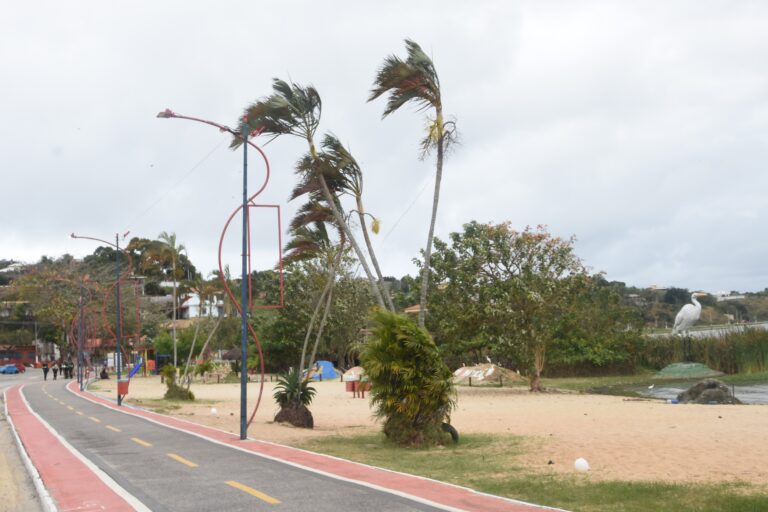 Pessoa andando em rua de Maricá sob ventos fortes, árvores balançando.