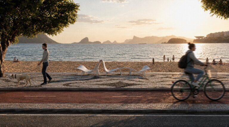 Renderização da Orla de Icaraí em Niterói após revitalização, mostrando ciclovia, calçadão ampliado e quiosques modernos.
