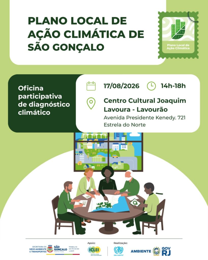 Pessoas em debate sobre sustentabilidade e meio ambiente, representando a oficina do Plano Local de Ação Climática em São Gonçalo.
