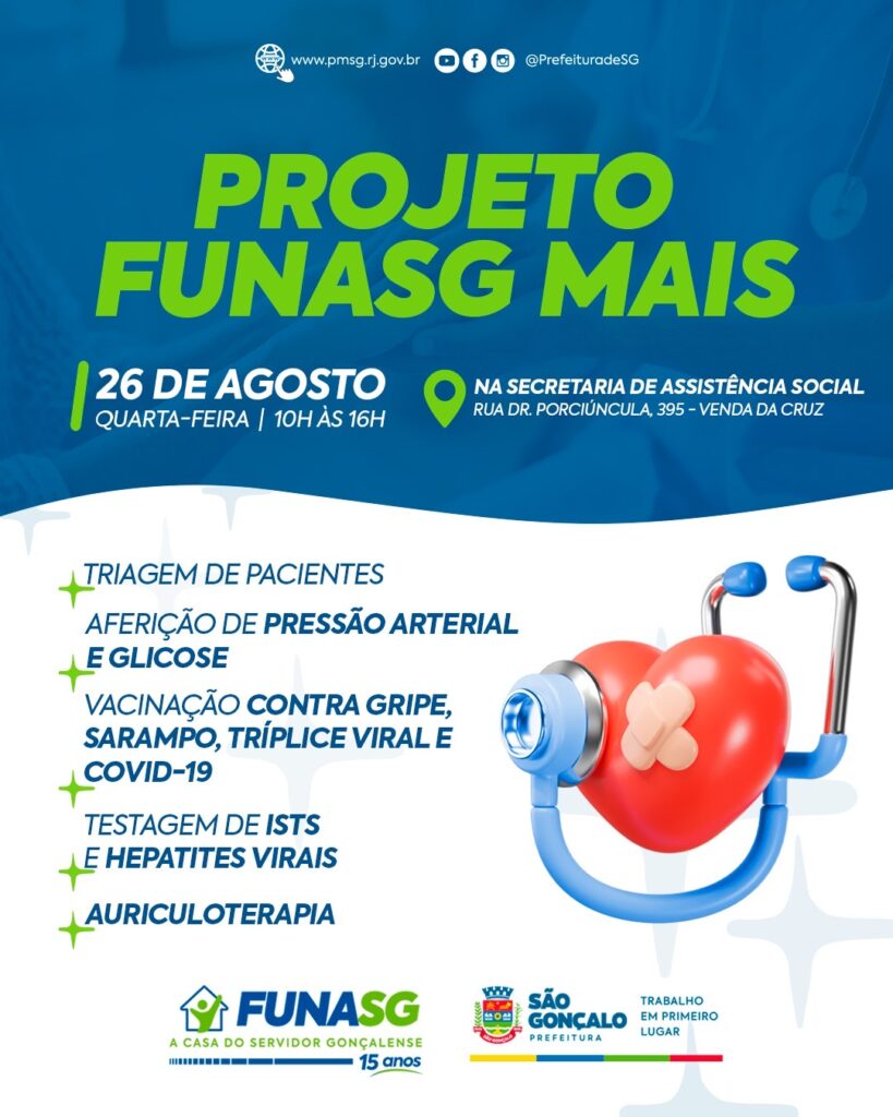 Servidores de São Gonçalo recebem atendimento de saúde durante ação do Funasg Mais na Secretaria de Assistência Social.