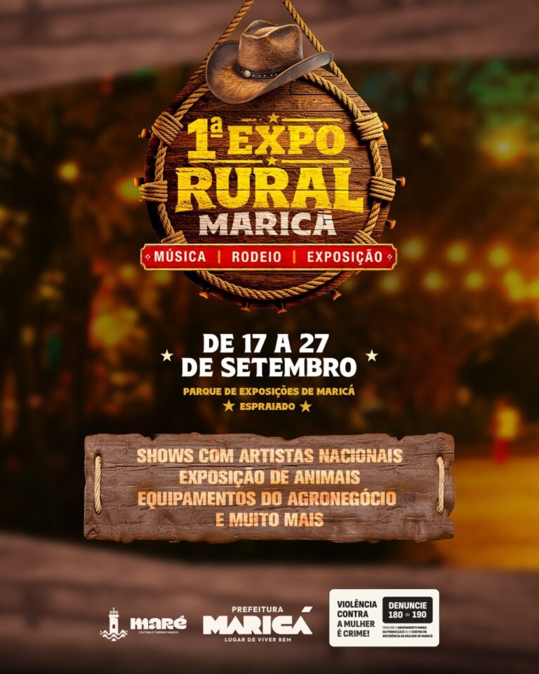 Pessoas em evento rural com palco e barracas, indicando a Expo Rural Maricá