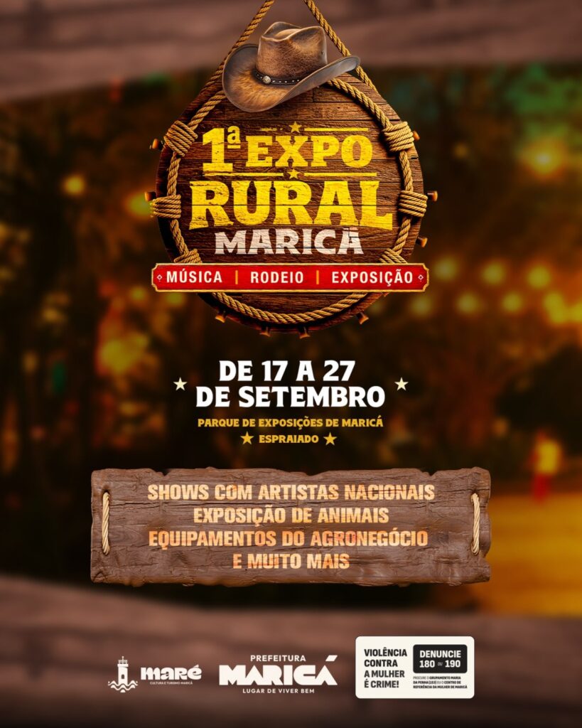 Vista aérea do Parque de Exposições de Maricá com palco montado para shows e áreas de exposição de animais.