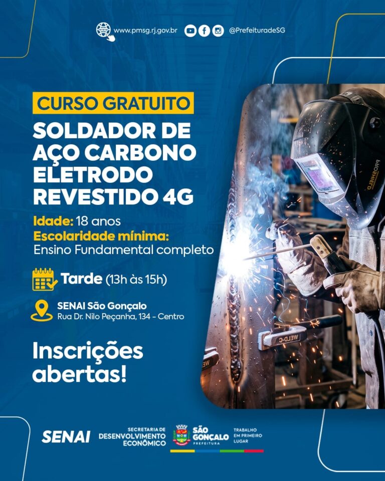 Homem com equipamento de proteção soldando peça metálica, representando curso profissionalizante em São Gonçalo.