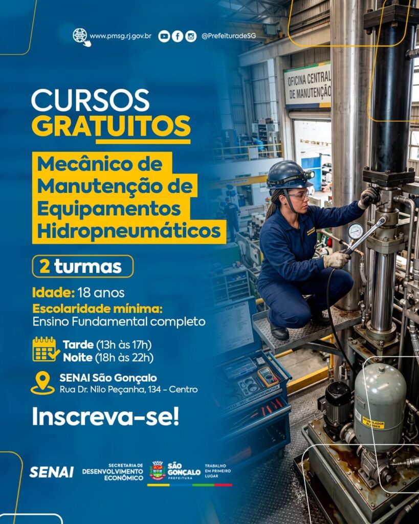 Pessoas em ambiente de curso técnico de mecânica, com equipamentos hidropneumáticos.