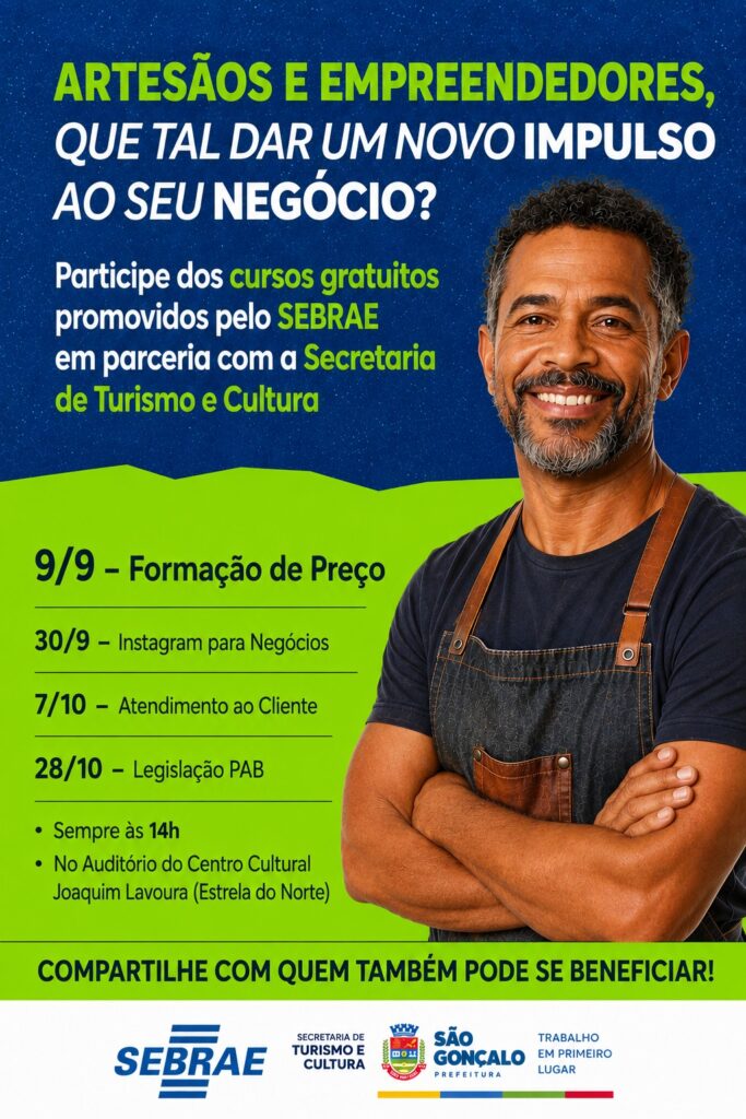 Pessoas participando de aula de capacitação para empreendedores em São Gonçalo, sentadas em auditório.