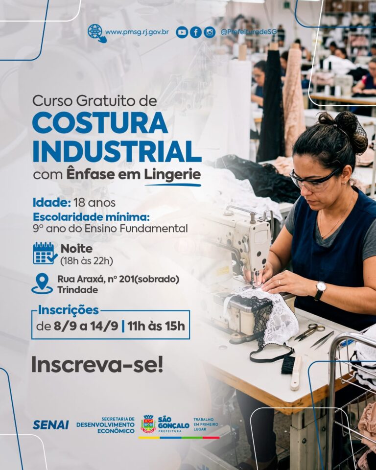 Mulher costurando em máquina industrial, representando o curso gratuito de costureira em São Gonçalo.