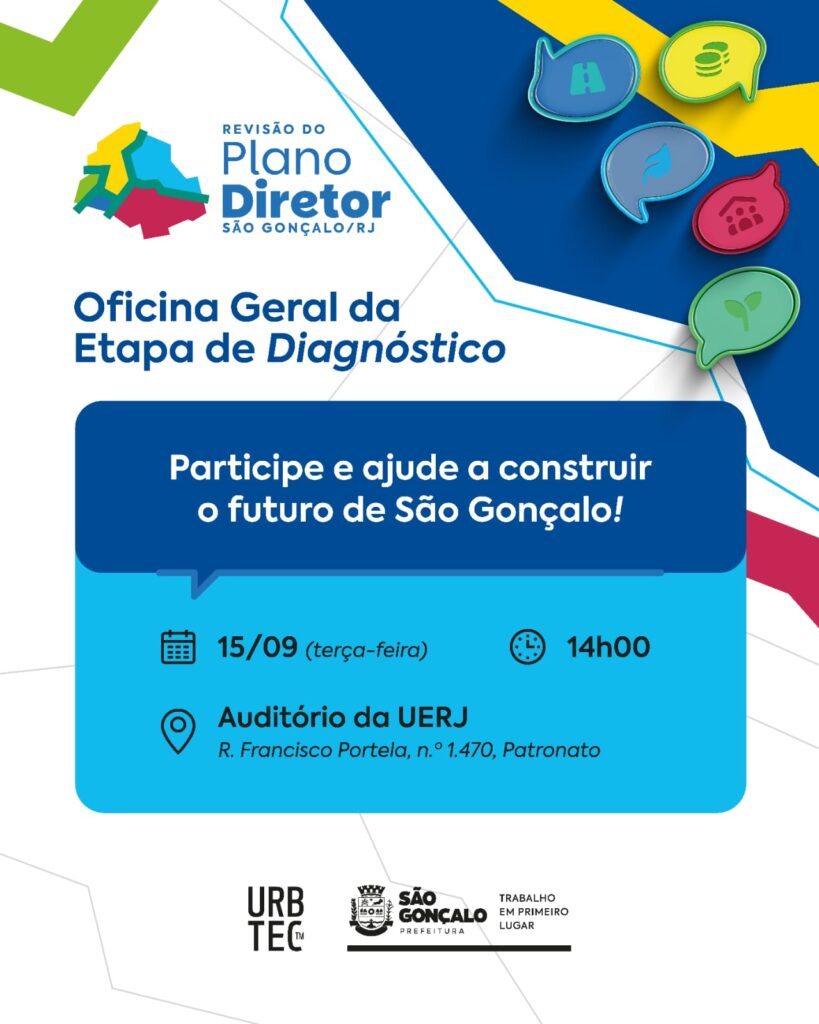Ilustração de pessoas colaborando em um mapa ou projeto urbano em São Gonçalo.