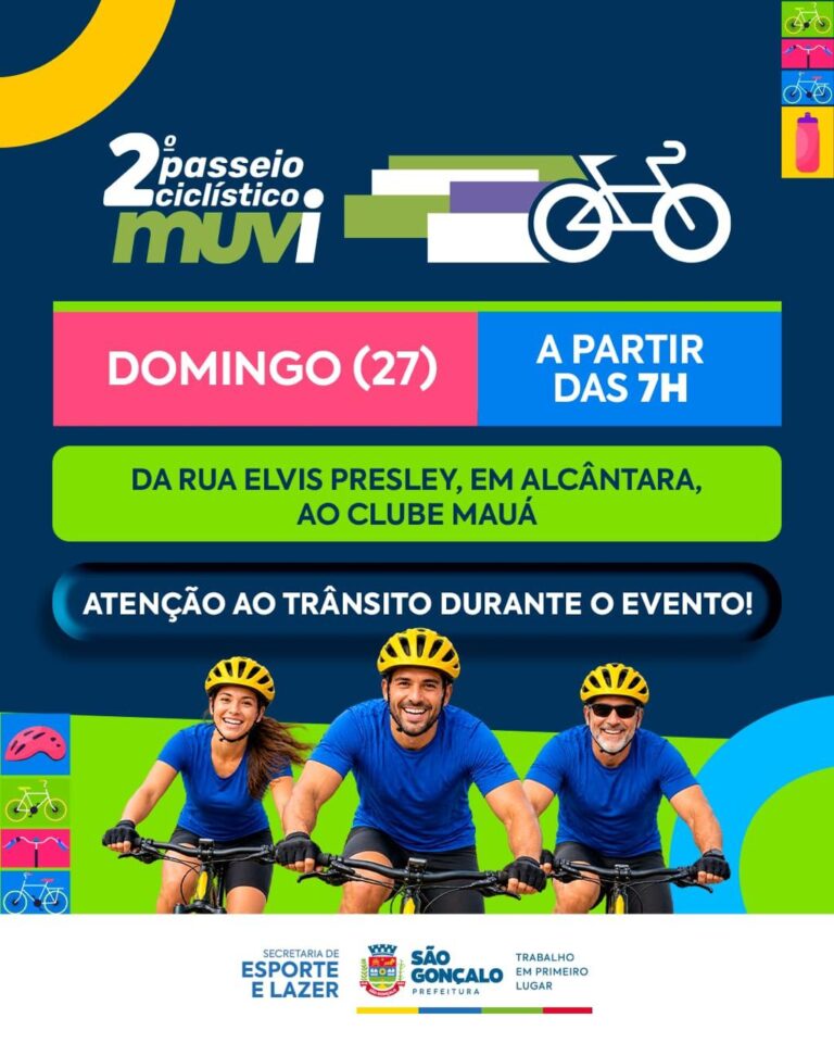Ciclistas pedalando em rua de São Gonçalo durante um evento, com cones de sinalização e agentes de trânsito.