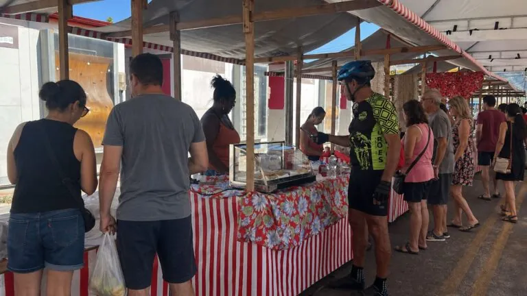 Visitantes e produtores na Feira de Agricultura Familiar em Itaipuaçu, Maricá, com alimentos frescos e artesanato.