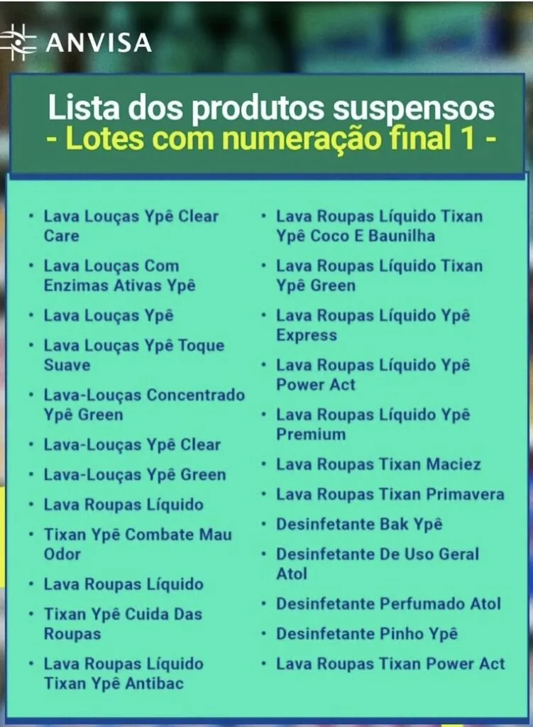 Embalagens de produtos de limpeza Ypê, como detergente e desinfetante, em prateleira de supermercado