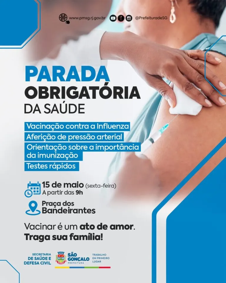 Moradores de São Gonçalo recebem vacinação contra gripe e testes rápidos de ISTs em ação de saúde na praça do Bandeirantes.