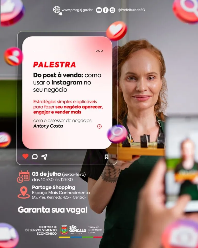 Pessoas em palestra sobre marketing digital e vendas online, focada em Instagram para negócios em São Gonçalo.