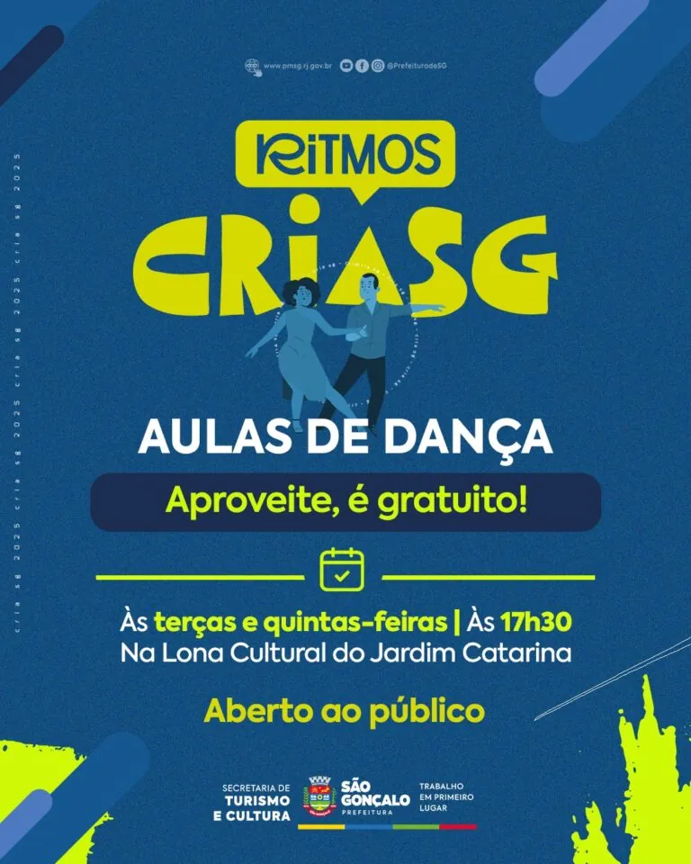 Pessoas dançando em aula de ritmos em São Gonçalo. Projeto CRIA SG oferece atividades gratuitas na Lona Cultural do Jardim Catarina.