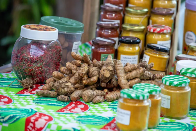 Imagem da Festa do Produtor Rural em Maricá, mostrando feira de produtos locais, público e palco de shows.