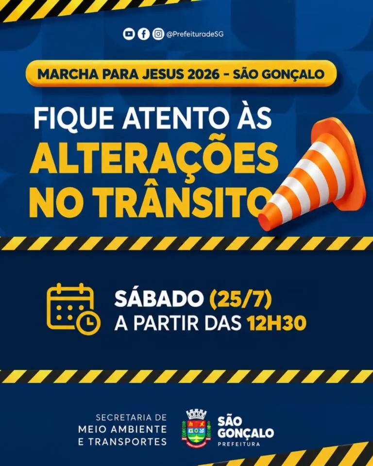 Esquema de trânsito em São Gonçalo para a Marcha Para Jesus 2026, com ruas interditadas e agentes de trânsito.