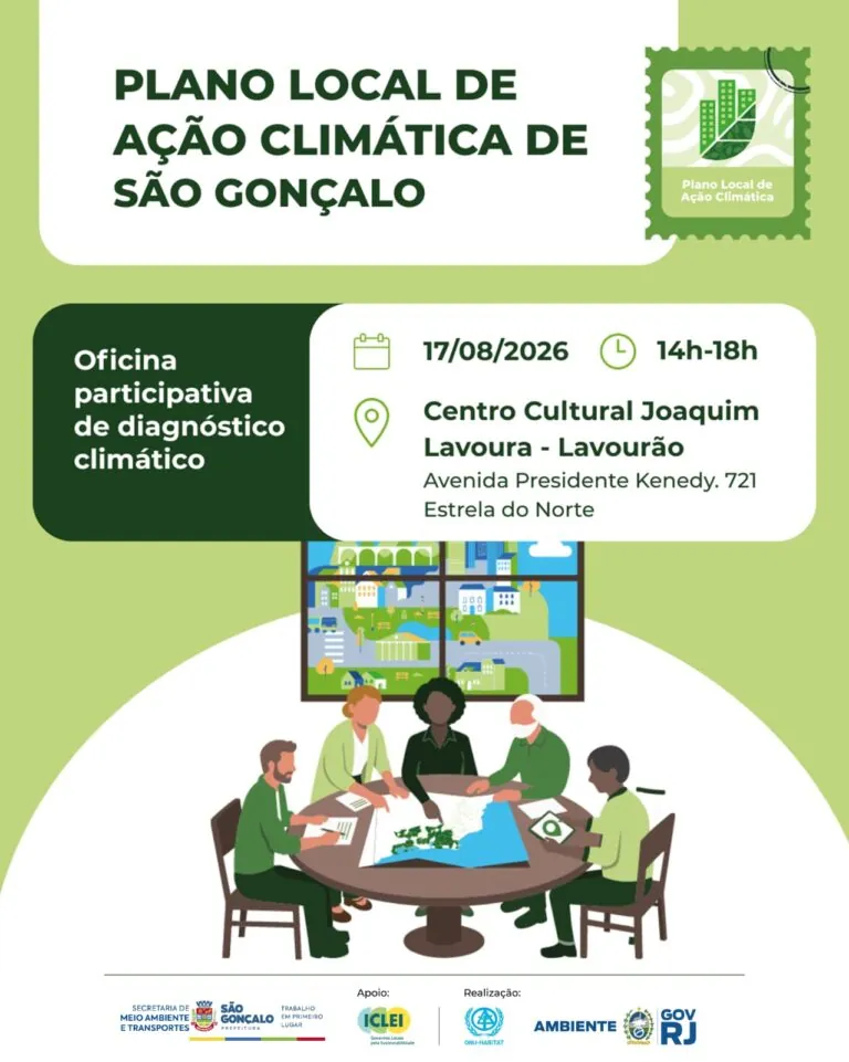 Pessoas em debate sobre sustentabilidade e meio ambiente, representando a oficina do Plano Local de Ação Climática em São Gonçalo.